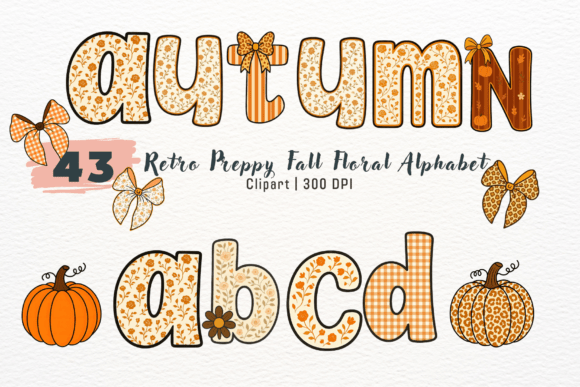 Preppy Retro Floral Autumn Alphabet PNG